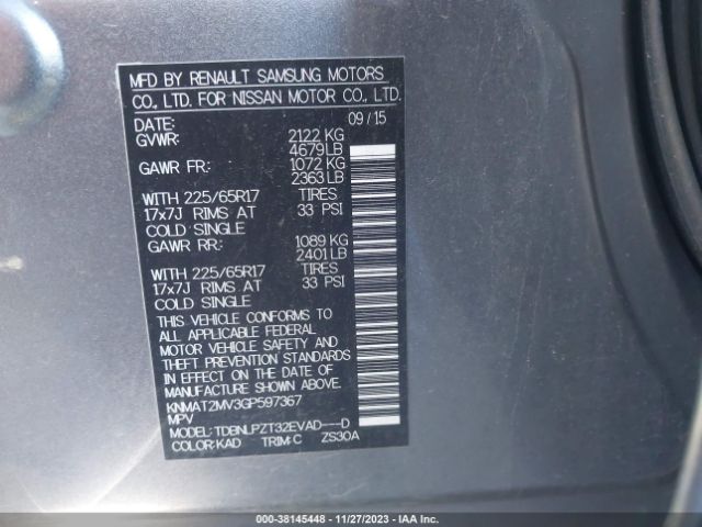 KNMAT2MV3GP597367 Nissan ROGUE S
