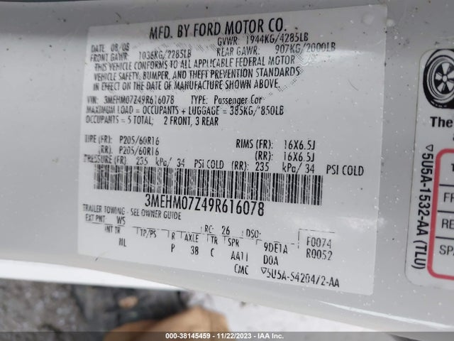 2009 MERCURY MILAN I4 VIN: 3MEHM07Z49R616078