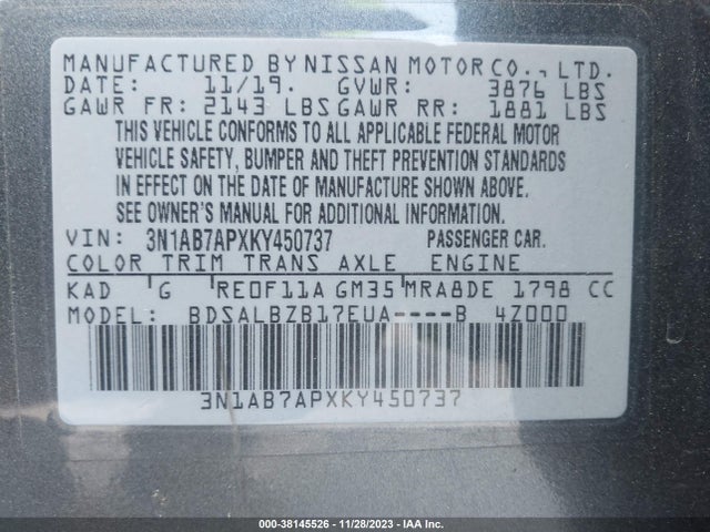Nissan SENTRA S 2019 3N1AB7APXKY450737 Image 9