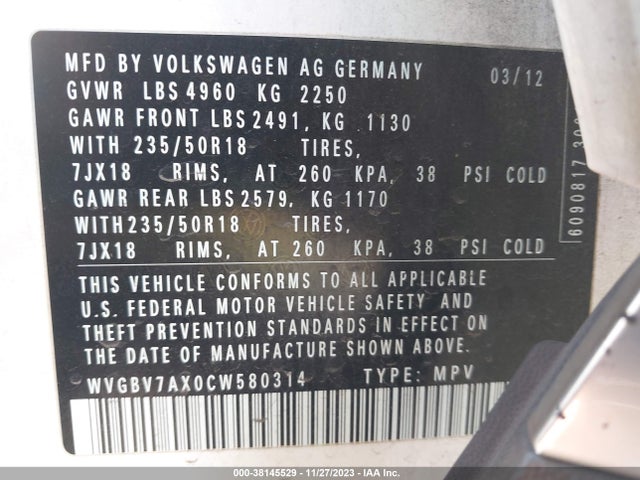 2012 VOLKSWAGEN TIGUAN SE VIN: WVGBV7AX0CW580314