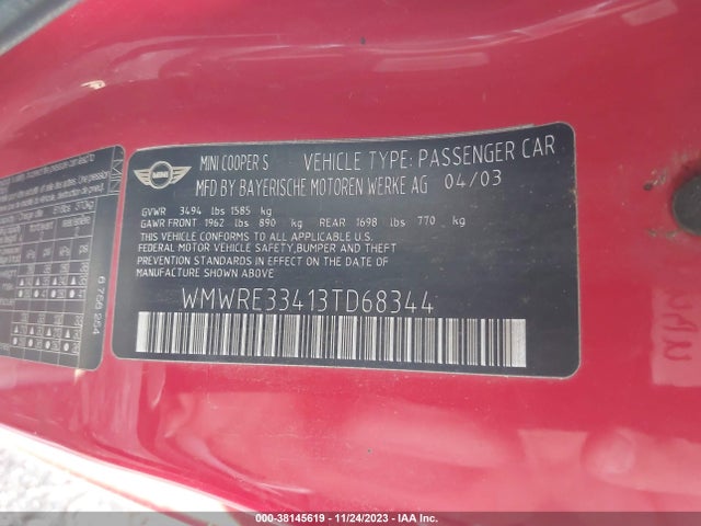 2003 MINI COOPER S WMWRE33413TD68344 Photo 8