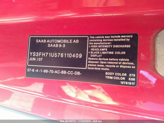 2007 SAAB 9-3 YS3FH71U576110409 Photo 8