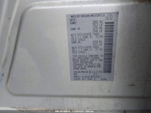 2013 NISSAN PATHFINDER SL VIN: 5N1AR2MN3DC611720