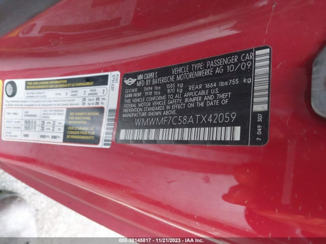 2010 MINI COOPER S WMWMF7C58ATX42059 Photo 8
