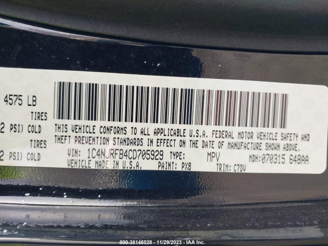 2012 JEEP PATRIOT LATITUDE VIN: 1C4NJRFB4CD705929