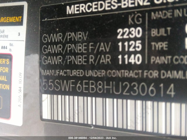 2017 MERCEDES-BENZ AMG C 43 4MATIC VIN: 55SWF6EB8HU230614