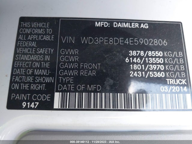 2014 Mercedes-benz Sprinter Cargo Vans მანქანა იყიდება აუქციონზე, vin: WD3PE8DE4E5902806, აუქციონის ნომერი: 38146112