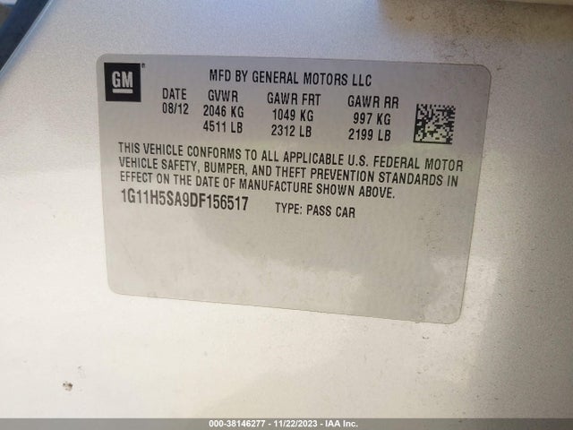 2013 CHEVROLET MALIBU 1LZ VIN: 1G11H5SA9DF156517