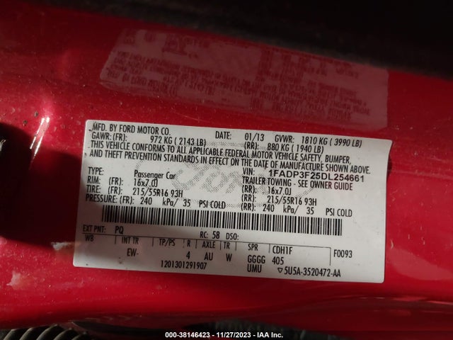 2013 FORD FOCUS SE VIN: 1FADP3F25DL254661
