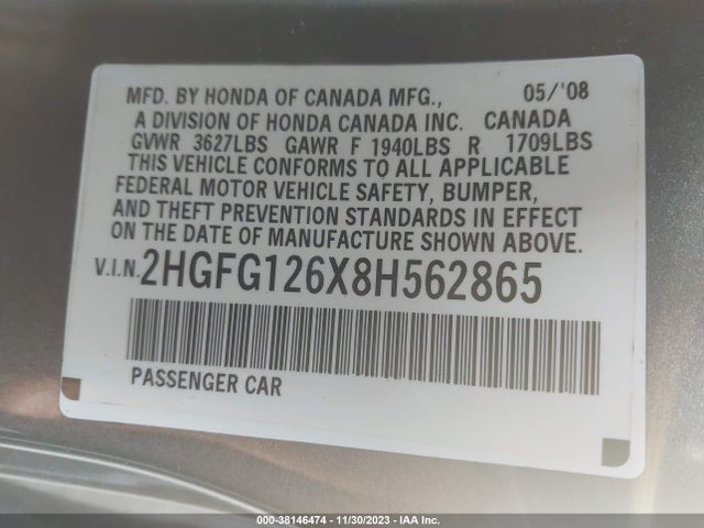 2008 HONDA CIVIC LX VIN: 2HGFG126X8H562865