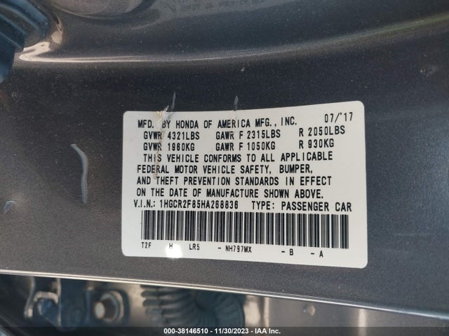 Honda Accord Ex-l 2017 1HGCR2F85HA268836 Image 9