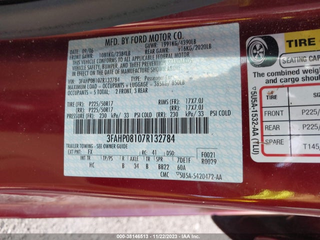 2007 Ford Fusion Sel მანქანა იყიდება აუქციონზე, vin: 3FAHP08107R132784, აუქციონის ნომერი: 38146513
