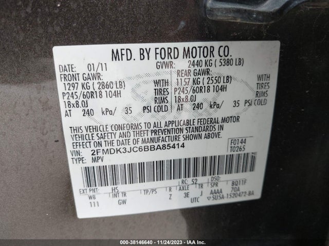2011 FORD EDGE SEL VIN: 2FMDK3JC6BBA85414