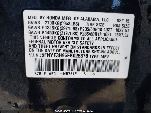 Honda Pilot Touring 2015 5FNYF3H95FB025878 Image 9