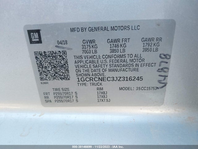 2018 CHEVROLET SILVERADO 1500 WT VIN: 1GCRCNEC3JZ316245