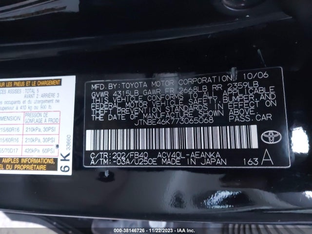 2007 TOYOTA CAMRY LE VIN: JTNBE46K773065068
