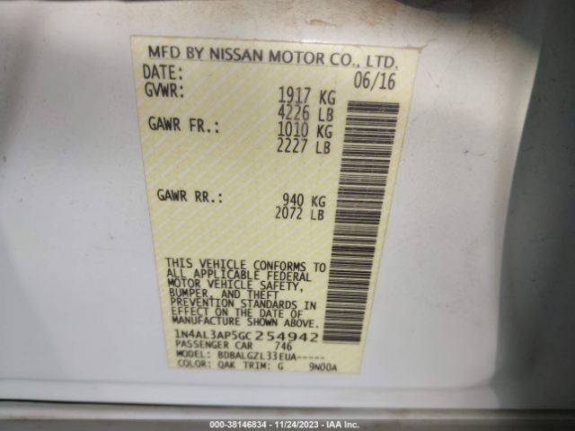 1N4AL3AP5GC254942 Nissan Altima 2.5 Sl/2.5 Sr/2.5 Sv/2.5/2.5 S