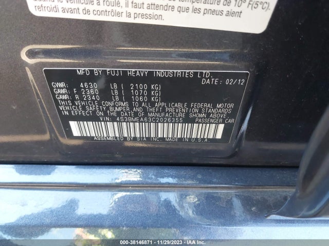 2012 SUBARU LEGACY 3.6R VIN: 4S3BMEA63C2026355