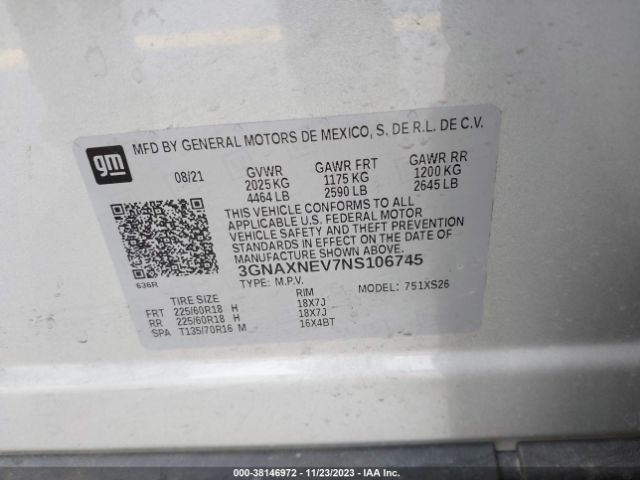 3GNAXNEV7NS106745 Chevrolet Equinox Fwd Premier