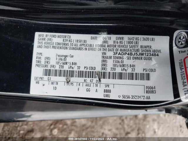 2018 FORD FIESTA SE VIN: 3FADP4BJ5JM123484