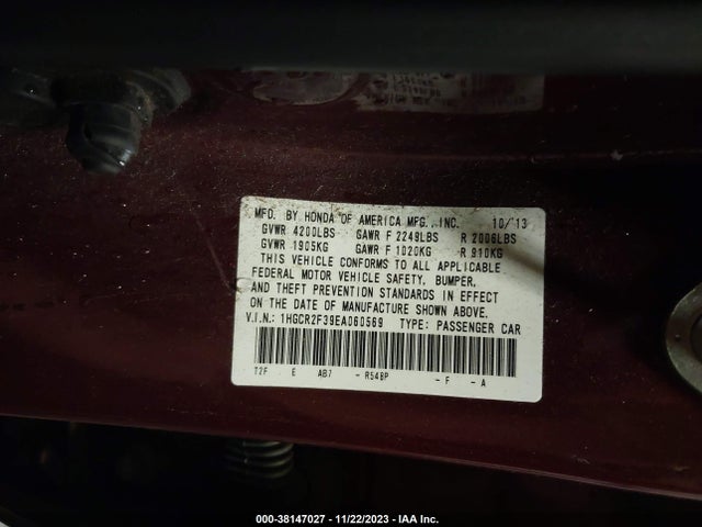 Honda ACCORD LX 2014 1HGCR2F39EA060569 Image 9
