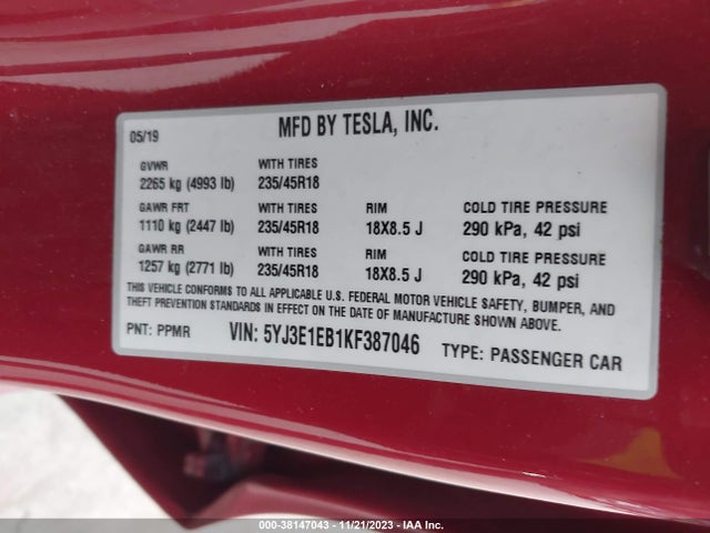 Tesla Model 3 Long Range 2019 5YJ3E1EB1KF387046 Image 9