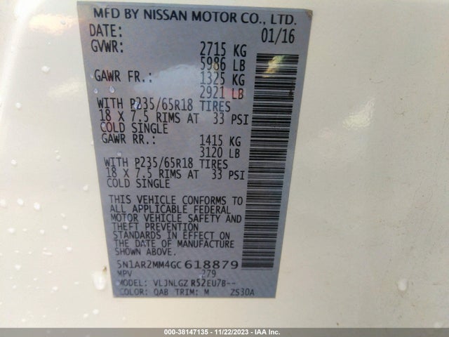 Nissan Pathfinder Sl 2016 5N1AR2MM4GC618879 Image 9