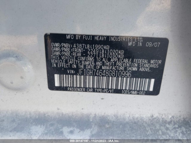 2008 SUBARU IMPREZA WRX VIN: JF1GH74648G810996