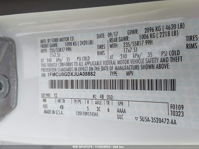 38147274 :رقم المزاد ، 1FMCU0GDXJUA08882 vin ، 2018 Ford Escape Se مزاد بيع