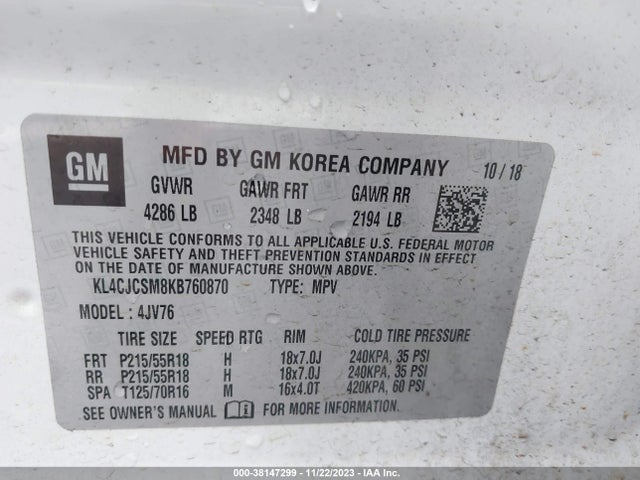 2019 BUICK ENCORE FWD ESSENCE VIN: KL4CJCSM8KB760870