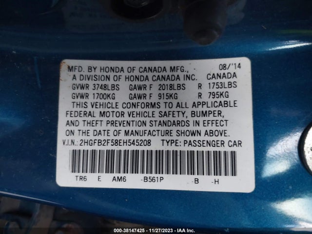 2014 HONDA CIVIC LX VIN: 2HGFB2F58EH545208