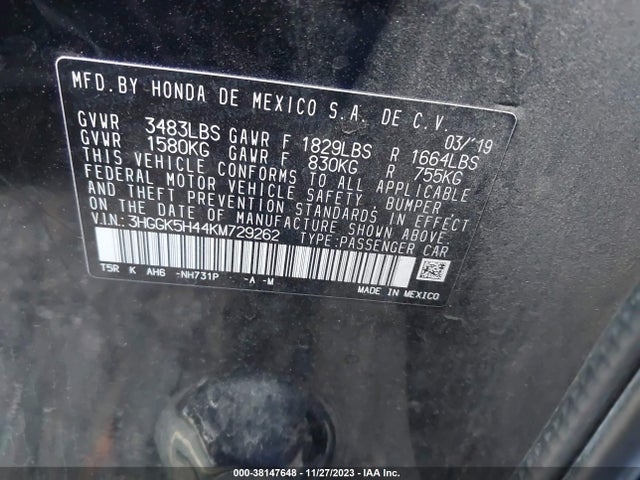 2019 HONDA FIT LX VIN: 3HGGK5H44KM729262