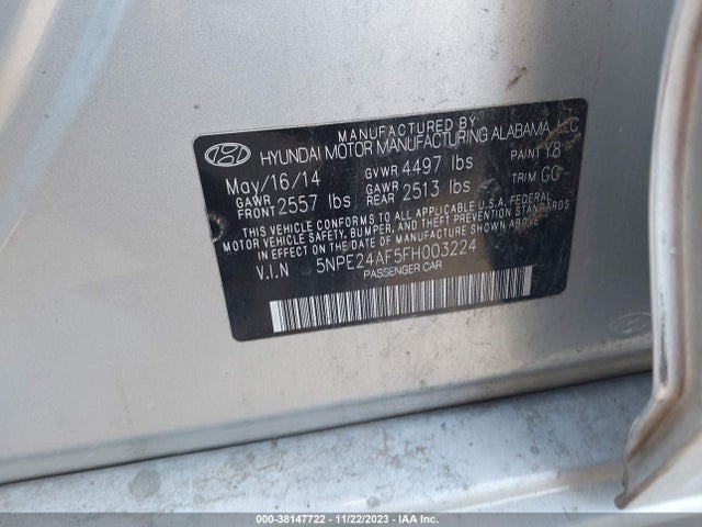2015 HYUNDAI SONATA SE VIN: 5NPE24AF5FH003224