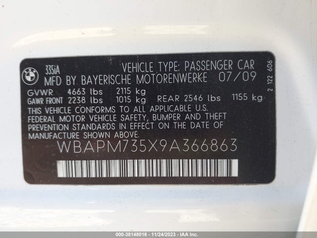 2009 BMW 335I VIN: WBAPM735X9A366863