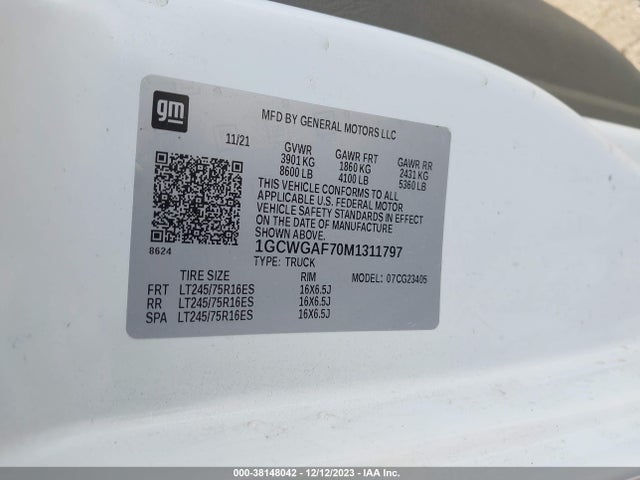 2021 CHEVROLET EXPRESS CARGO RWD 2500 REGULAR WHEELBASE WT VIN: 1GCWGAF70M1311797