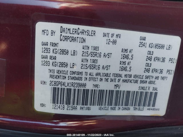 2001 CHRYSLER TOWN & COUNTRY LIMITED VIN: 2C8GP64LX1R239000