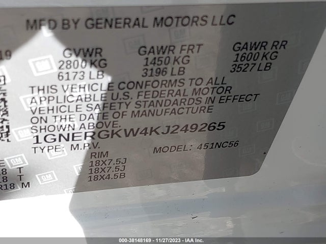 Chevrolet Traverse 1lt 2019 1GNERGKW4KJ249265 Image 9