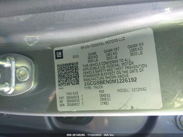 2021 CHEVROLET COLORADO 2WD SHORT BOX WT VIN: 1GCGSBEN0M1226192