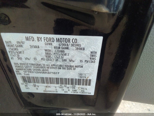 2008 FORD F-150 STX/XL/XLT VIN: 1FTRX12W08KB71017