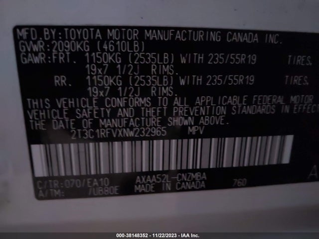 2022 TOYOTA RAV4 XLE PREMIUM VIN: 2T3C1RFVXNW232965