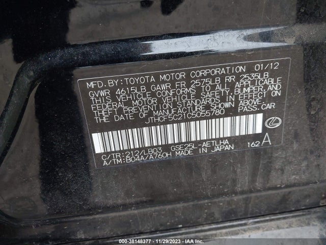 2012 LEXUS IS 250 VIN: JTHCF5C21C5055780