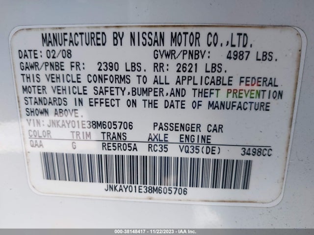 Продаж на аукціоні авто 2008 Infiniti M35, vin: JNKAY01E38M605706, номер лоту: 38148417