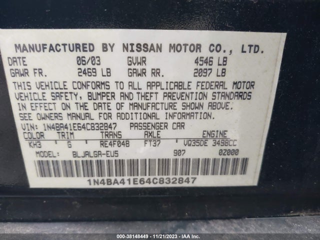 2004 NISSAN MAXIMA 3.5 SL VIN: 1N4BA41E64C832847