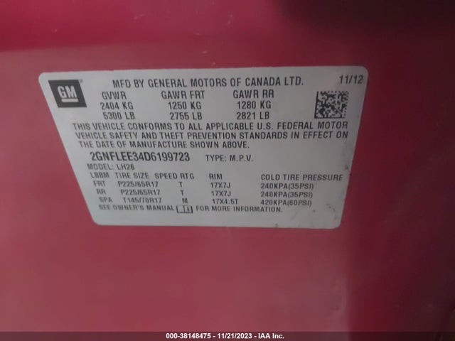 2013 CHEVROLET EQUINOX 1LT VIN: 2GNFLEE34D6199723