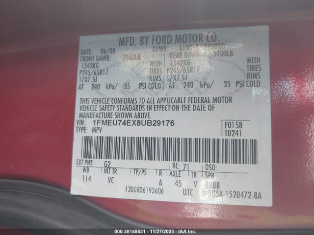 2008 FORD EXPLORER EDDIE BAUER VIN: 1FMEU74EX8UB29176