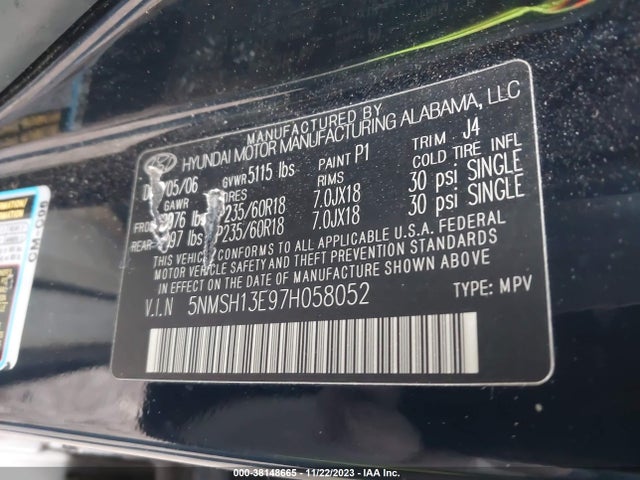 2007 HYUNDAI SANTA FE LIMITED/SE VIN: 5NMSH13E97H058052