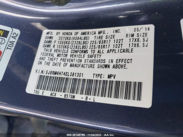 Honda Cr-v Ex-l 2014 5J6RM4H74EL081301 Image 9