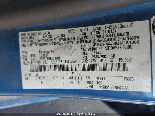 2011 FORD FIESTA S VIN: 3FADP4AJ4BM181069