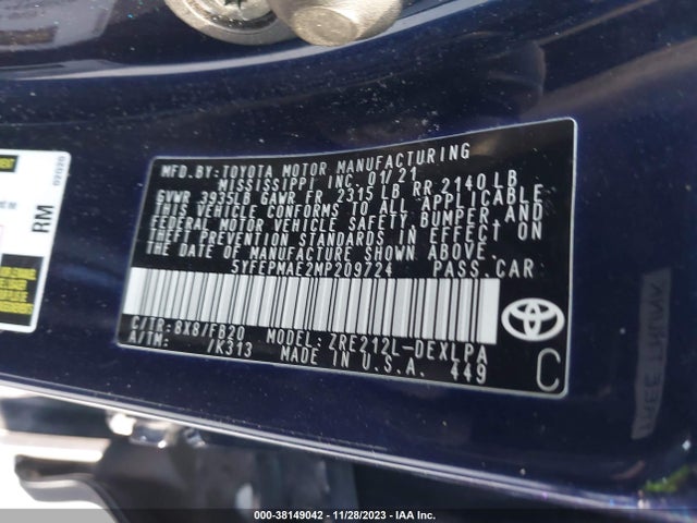 2021 TOYOTA COROLLA LE VIN: 5YFEPMAE2MP209724