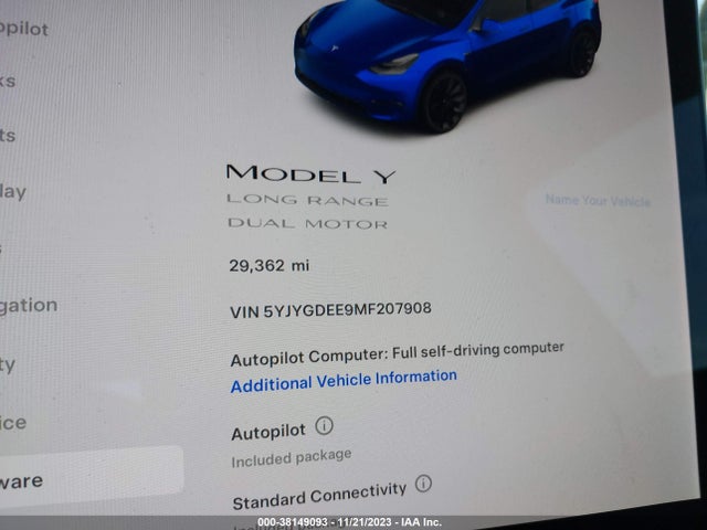 2021 TESLA MODEL Y LONG RANGE DUAL MOTOR ALL-WHEEL DRIVE VIN: 5YJYGDEE9MF207908